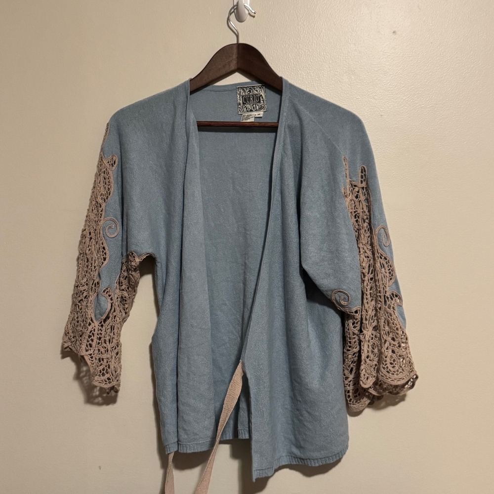 Womens Long Sleeve Cardigan Blue Lace Ramie/Cotton Cottagecore Boho Fairy Indie